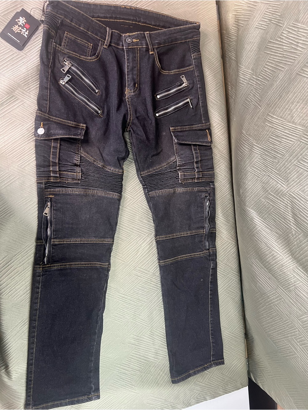 Dark Wash Moto-Style Jeans with Ribbed Knee Detail